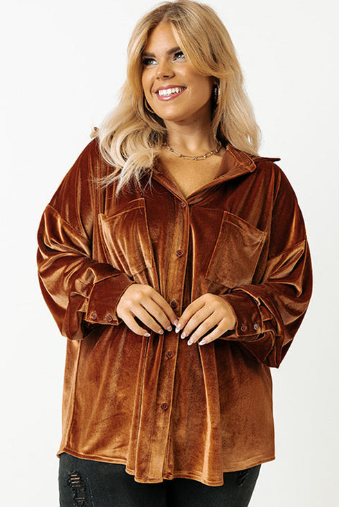 Plus Size Velvet Chest Pocket Drop Shoulder Shirt